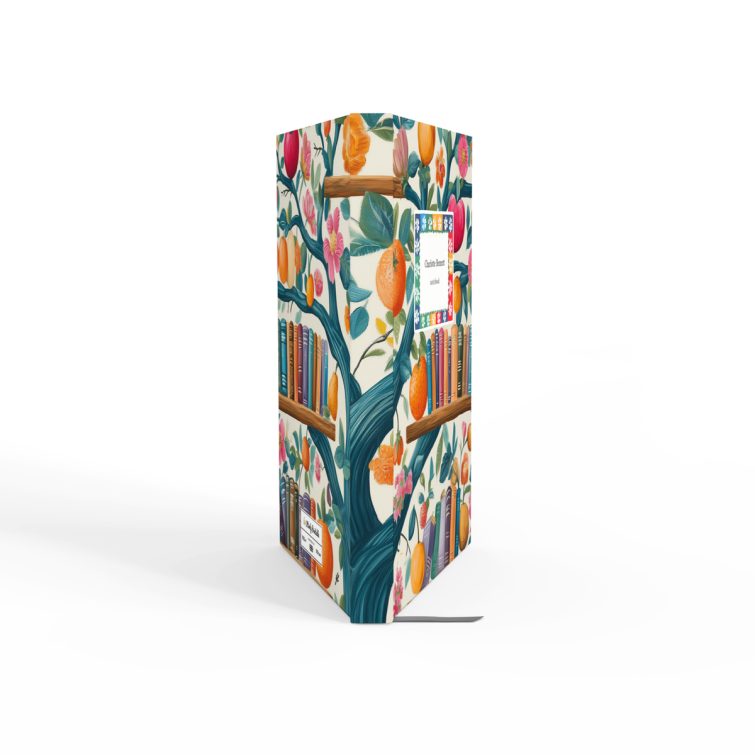 Colourful floral and fruit-themed notebook cover design with books on shelves, featuring one photo placeholder.