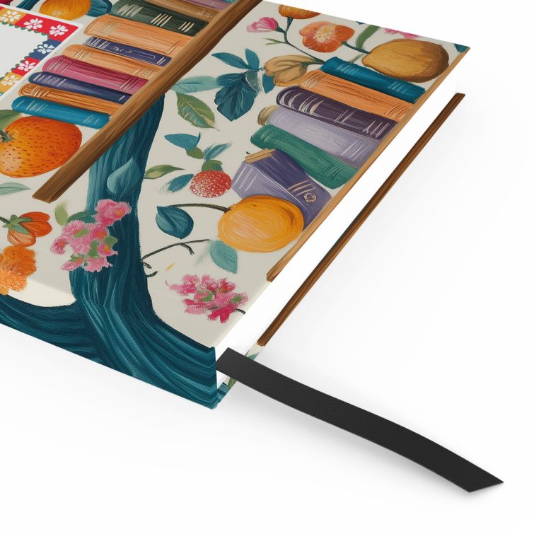 Colourful floral and fruit-themed notebook cover design with books on shelves, featuring one photo placeholder.