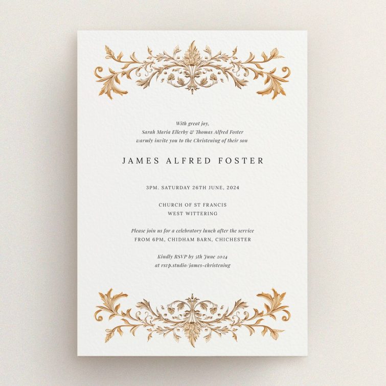 Elegant christening invitation with gold decorative motif design, no photos included.