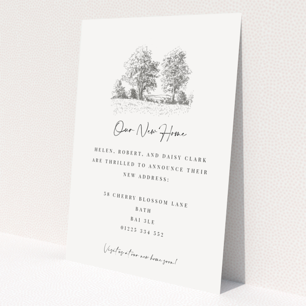 Change of address card with hand-drawn trees and new home information, one illustration.