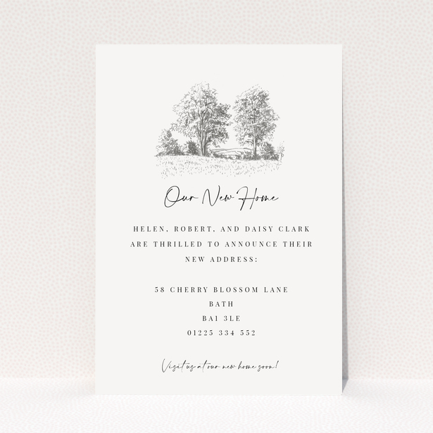 Change of address card with hand-drawn trees and new home information, one illustration.