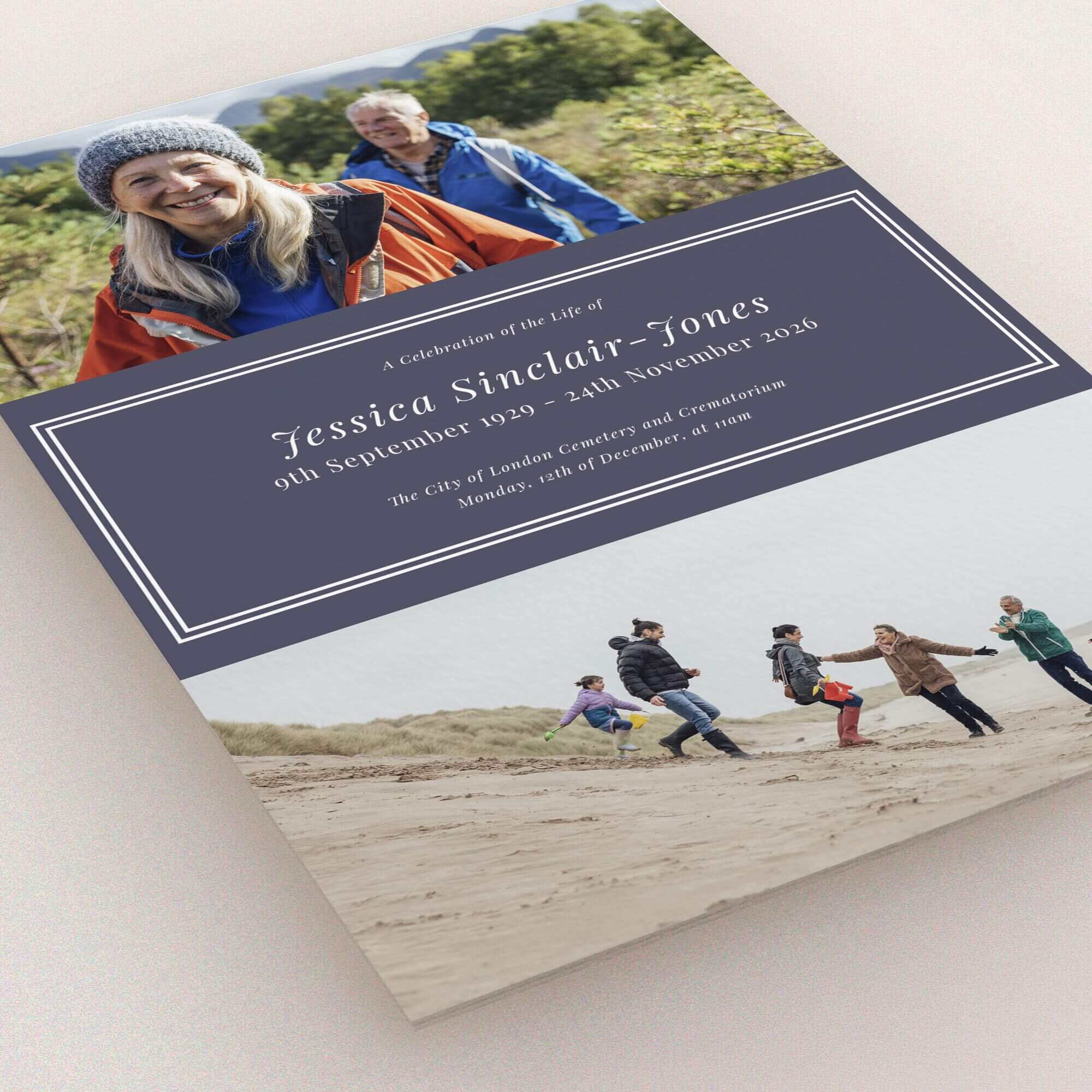 Funeral announcement design with two photos for Utterly Printable