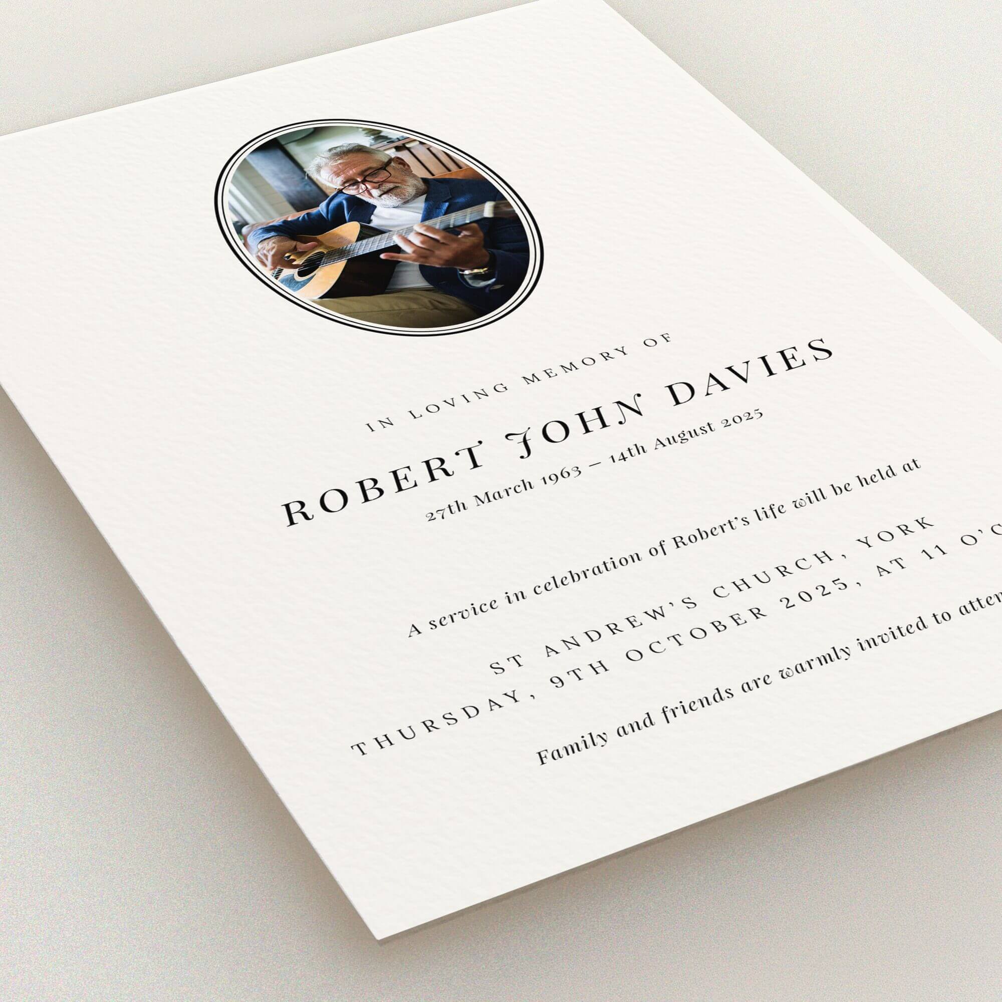 Funeral announcement design with one photo for personalised memorial service invitation.