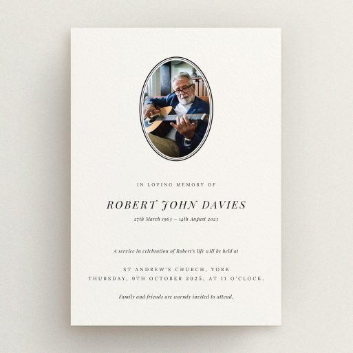 Funeral announcement design with one photo for personalised memorial service invitation.