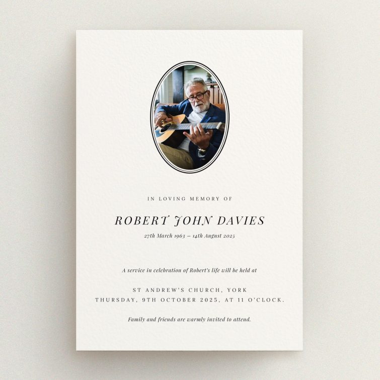 Funeral announcement design with one photo for personalised memorial service invitation.