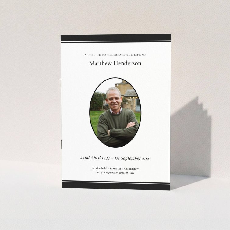 Funeral order of service programme design with one photo, featuring a classic layout and elegant typography for memorial services.