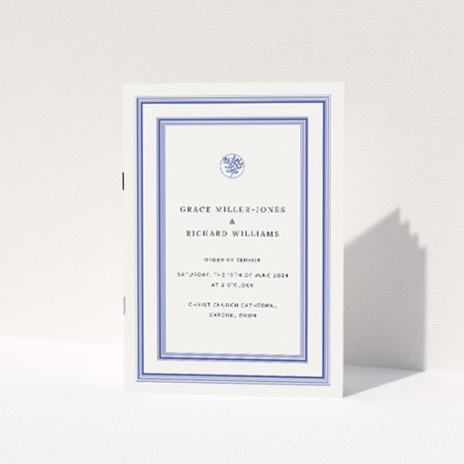 A5 Wedding Order of Service booklet with classic navy blue text and detailing on a crisp white background, adorned with a laurel wreath icon symbolizing victory and celebration This is a view of the front