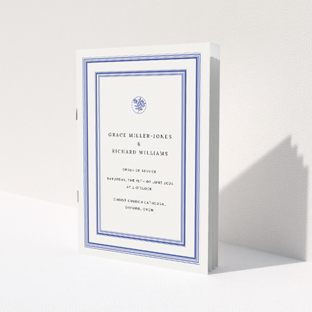 A5 Wedding Order of Service booklet with classic navy blue text and detailing on a crisp white background, adorned with a laurel wreath icon symbolizing victory and celebration This image shows the front and back sides together