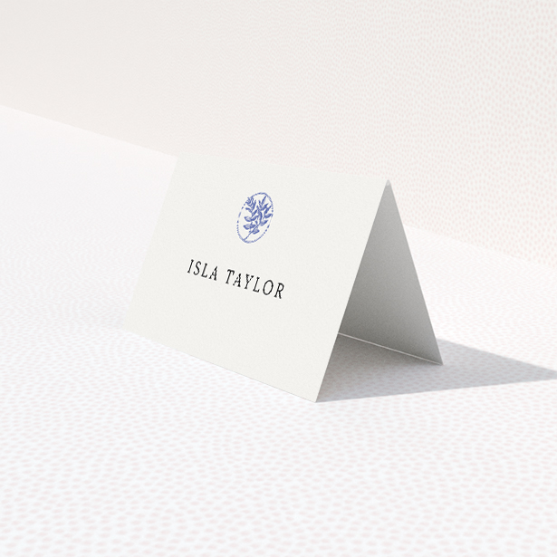 Timeless Oxford Laureate place cards with classic navy blue and white colour scheme, embodying elegance and tradition for distinguished wedding stationery suites This is a third view of the front