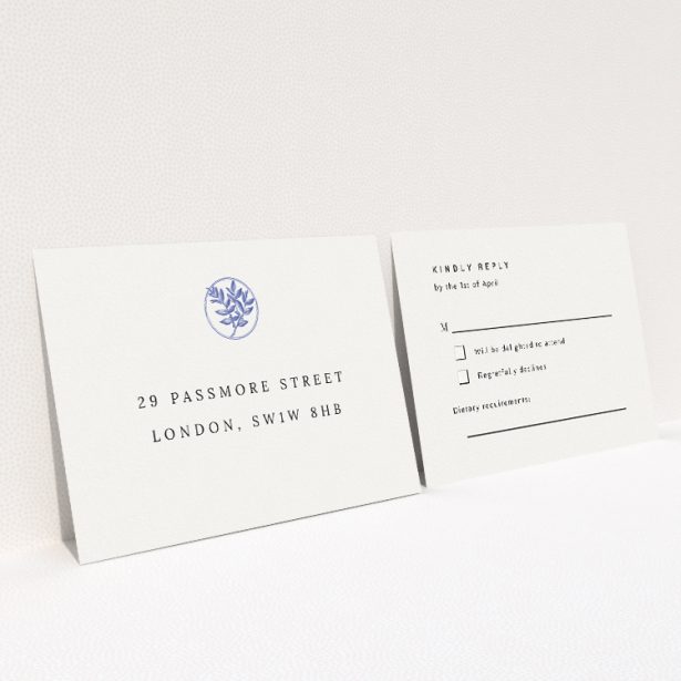 Oxford Laureate RSVP card featuring classic elegance with a navy blue and white colour scheme and a delicate laurel wreath emblem, perfect for prestigious and formal wedding stationery This is a view of the back
