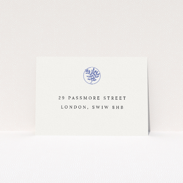 Oxford Laureate RSVP card featuring classic elegance with a navy blue and white colour scheme and a delicate laurel wreath emblem, perfect for prestigious and formal wedding stationery This is a view of the back