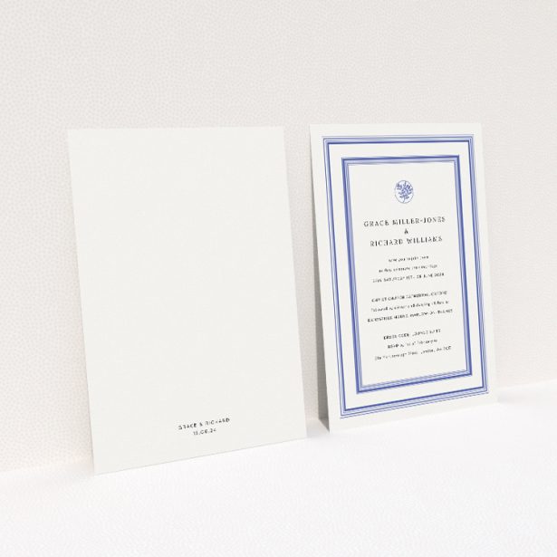 Oxford Laureate wedding invitation with timeless elegance and classic navy blue and white colour scheme. This image shows the front and back sides together