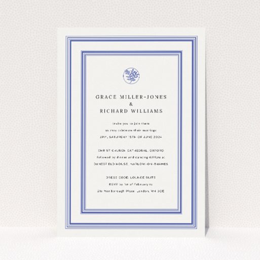 Oxford Laureate wedding invitation with timeless elegance and classic navy blue and white colour scheme. This is a view of the front