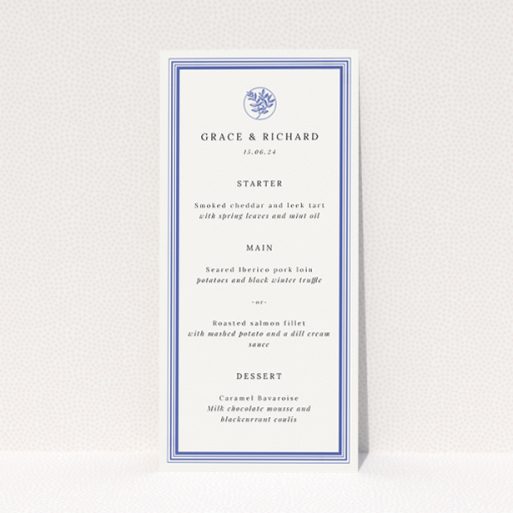 Oxford Laureate Wedding Menu Template - Classic navy blue and white palette exuding sophistication, with a delicate laurel wreath emblem adding a sense of celebration, perfect for couples seeking tradition and distinguished style in their stationery This is a view of the front