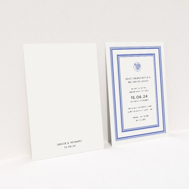 Oxford Laureate wedding save the date card A6 featuring timeless elegance with navy blue lines and a classic laurel wreath emblem, perfect for setting the tone for forthcoming nuptials with a touch of class This is a view of the back