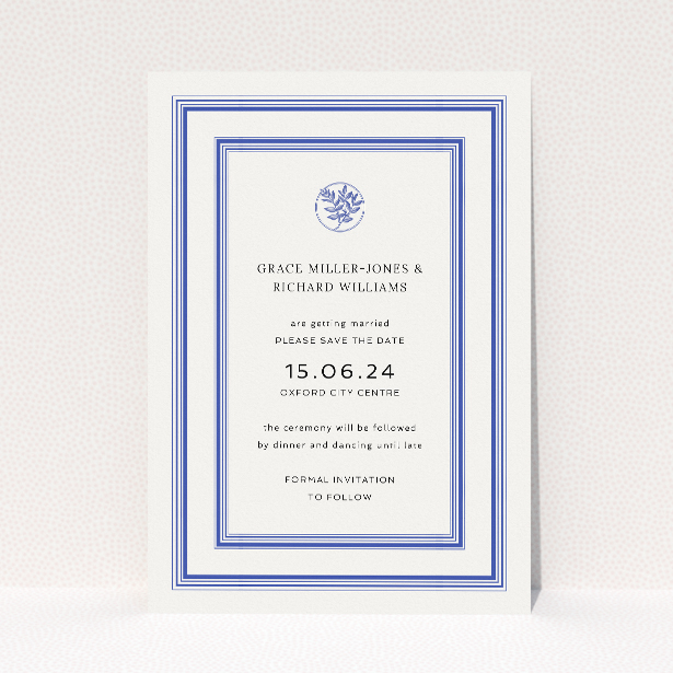 Oxford Laureate wedding save the date card A6 featuring timeless elegance with navy blue lines and a classic laurel wreath emblem, perfect for setting the tone for forthcoming nuptials with a touch of class This is a view of the front