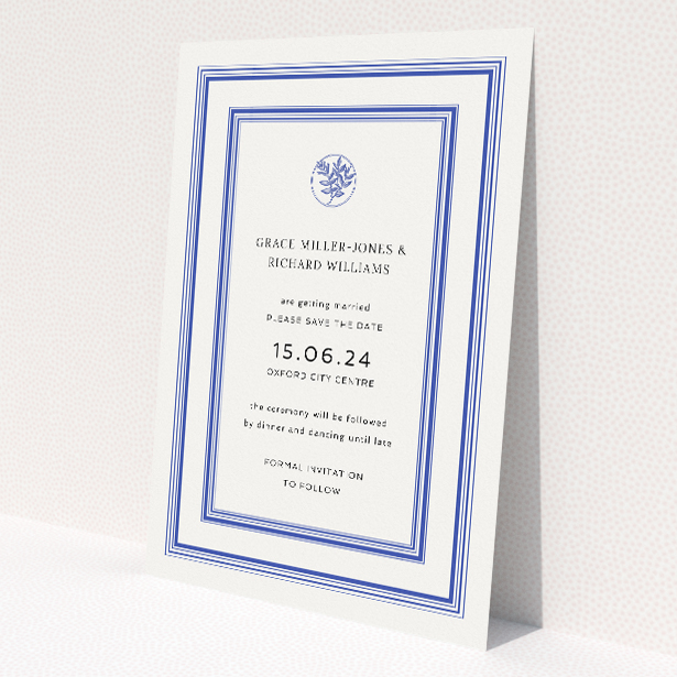 Oxford Laureate wedding save the date card A6 featuring timeless elegance with navy blue lines and a classic laurel wreath emblem, perfect for setting the tone for forthcoming nuptials with a touch of class This is a view of the front