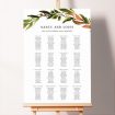 Wedding Seating Plan with a beautifully painted olive branch in green and ochre/terracotta at the top, adding a touch of elegance and natural beauty to the design.. This template has 16 tables.