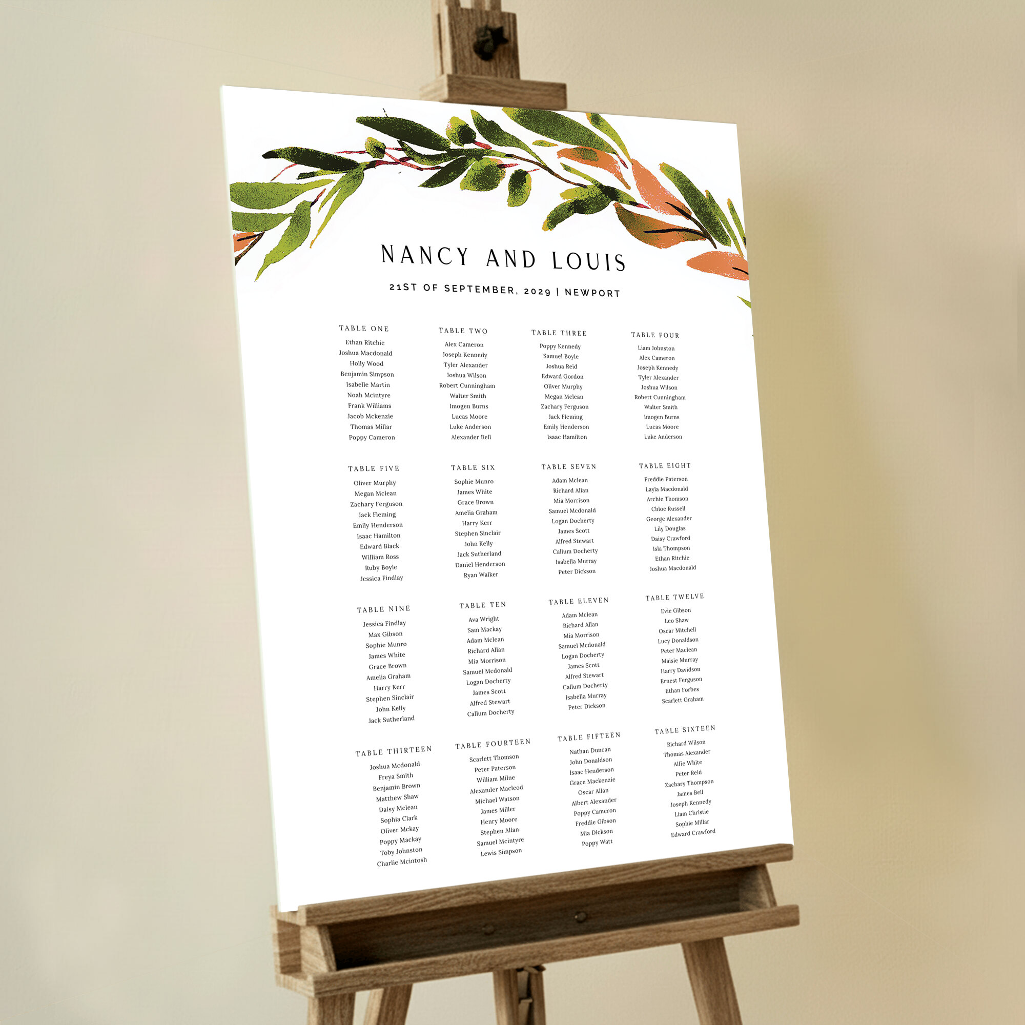 Wedding Seating Plan with a beautifully painted olive branch in green and ochre/terracotta at the top, adding a touch of elegance and natural beauty to the design.. This template has 16 tables.