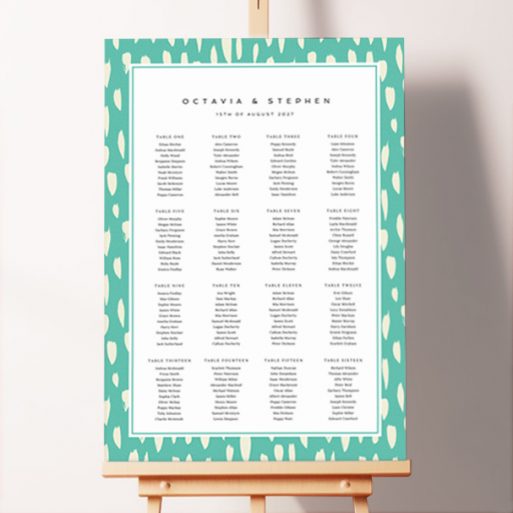 Foamex Painted Playfulness Seating Plans featuring cream paint daubs on a duck shell blue background, adding a modern and playful touch with a burst of color and joy, creating a vibrant and summery atmosphere for your special day.. This template shows 16 tables.