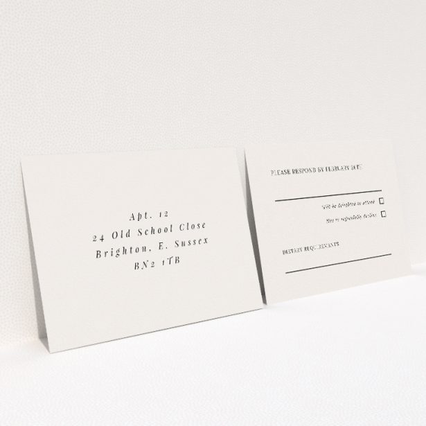 RSVP card template from the Pall Mall Minimal suite, featuring understated elegance with charcoal text on a white backdrop, perfect for couples seeking intimacy and genuine simplicity for their celebration This is a view of the back