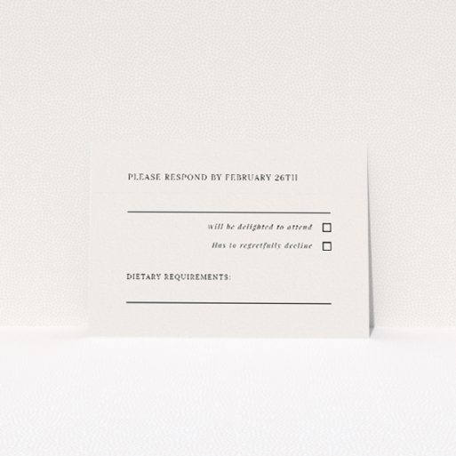 RSVP card template from the Pall Mall Minimal suite, featuring understated elegance with charcoal text on a white backdrop, perfect for couples seeking intimacy and genuine simplicity for their celebration This is a view of the front