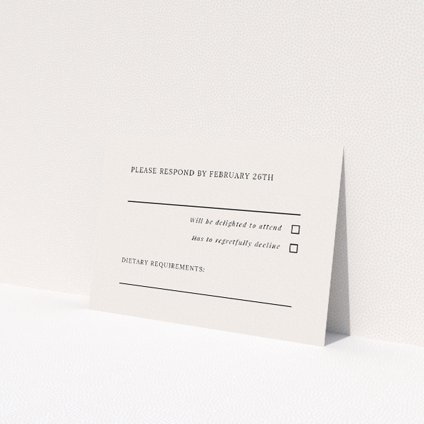 RSVP card template from the Pall Mall Minimal suite, featuring understated elegance with charcoal text on a white backdrop, perfect for couples seeking intimacy and genuine simplicity for their celebration This is a view of the back