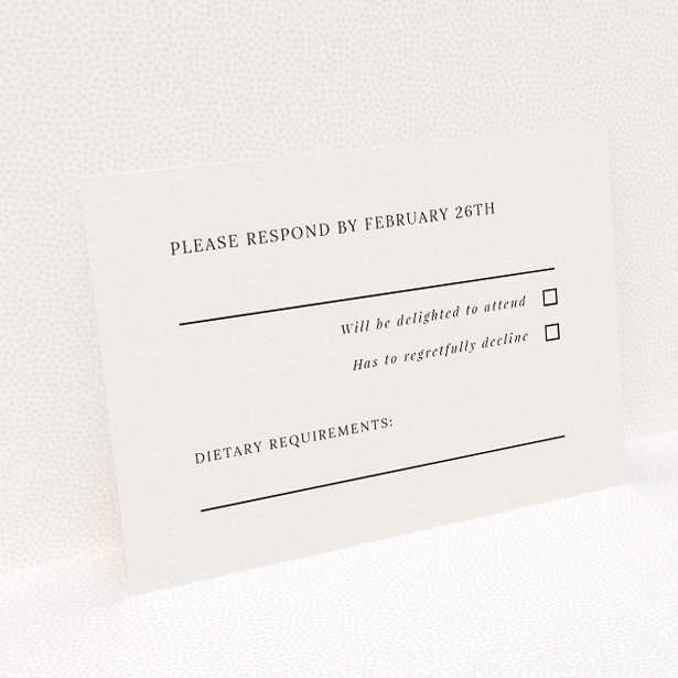 RSVP card template from the Pall Mall Minimal suite, featuring understated elegance with charcoal text on a white backdrop, perfect for couples seeking intimacy and genuine simplicity for their celebration This is a view of the back