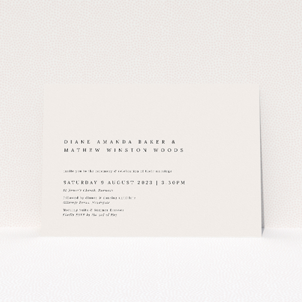 "Pall Mall Minimal wedding invitation featuring understated elegance with clean white backdrop and subtle charcoal text, embodying sophistication and refined taste for a ceremony defined by grace and style.". This is a view of the front