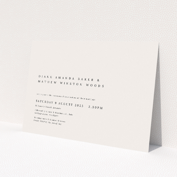 'Pall Mall Minimal wedding invitation featuring understated elegance with clean white backdrop and subtle charcoal text, embodying sophistication and refined taste for a ceremony defined by grace and style.'. This is a view of the front