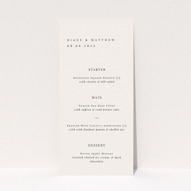 "Pall Mall Minimal wedding menu template - Refined sophistication and elegance for stylish celebrations.". This is a view of the front