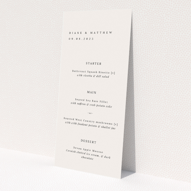 'Pall Mall Minimal wedding menu template - Refined sophistication and elegance for stylish celebrations.'. This is a view of the front