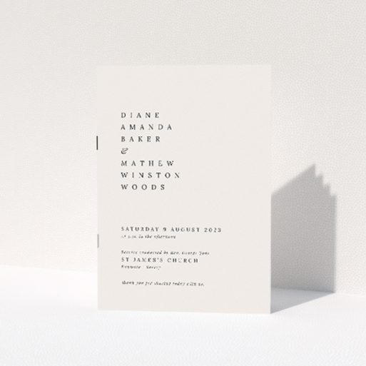 Modern Minimal Pall Mall Wedding Order of Service Booklet with Clean Typography. This is a view of the front