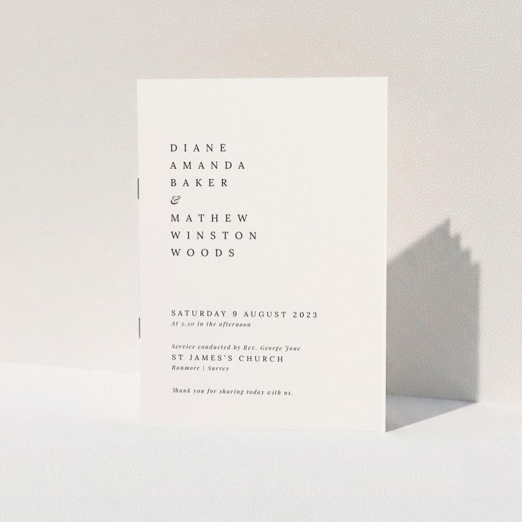 Modern Minimal Pall Mall Wedding Order of Service Booklet with Clean Typography. This is a view of the front