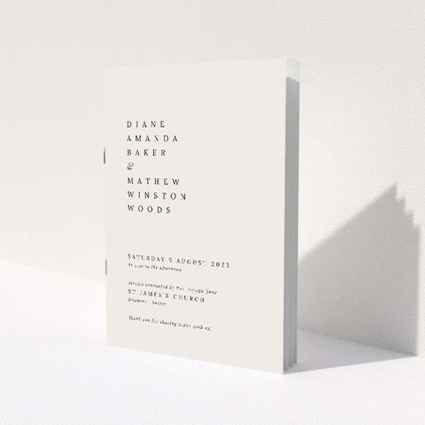 Modern Minimal Pall Mall Wedding Order of Service Booklet with Clean Typography. This is a view of the front