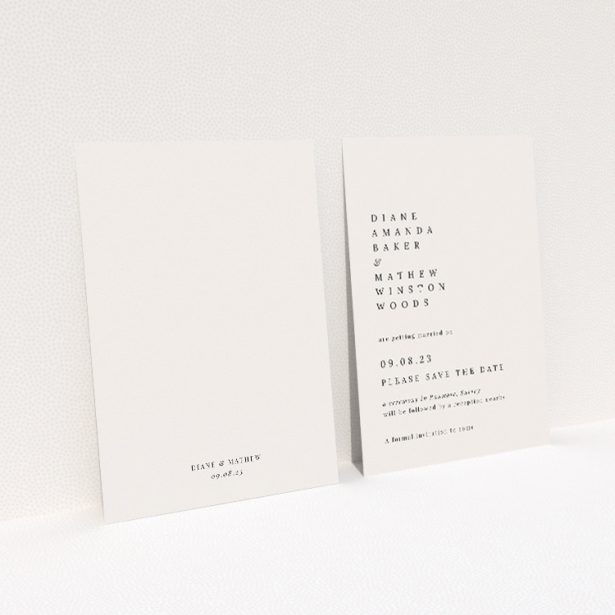 Pall Mall Minimal wedding save the date card with contemporary minimalist design showcasing clean lines and bold typography. This is a view of the back