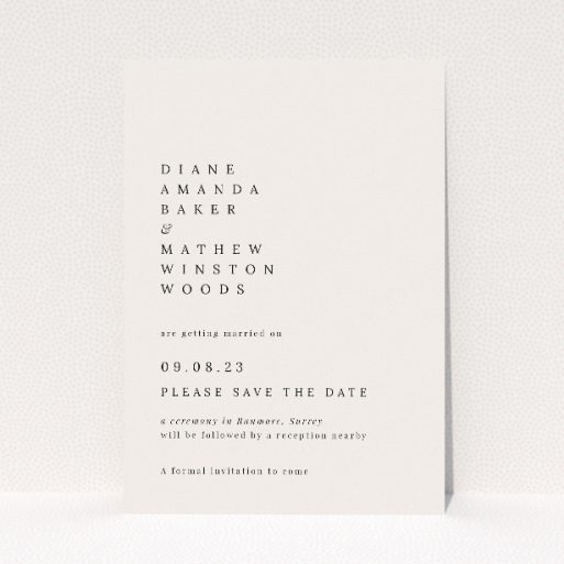 Pall Mall Minimal wedding save the date card with contemporary minimalist design showcasing clean lines and bold typography. This is a view of the front