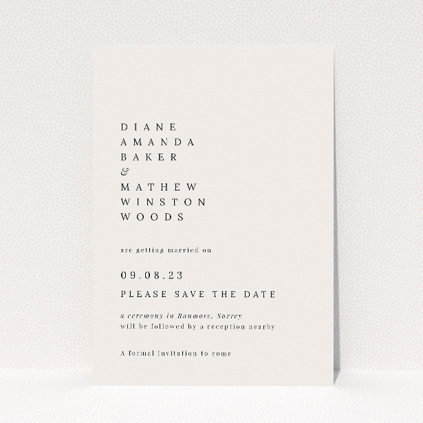 Pall Mall Minimal wedding save the date card with contemporary minimalist design showcasing clean lines and bold typography. This is a view of the front