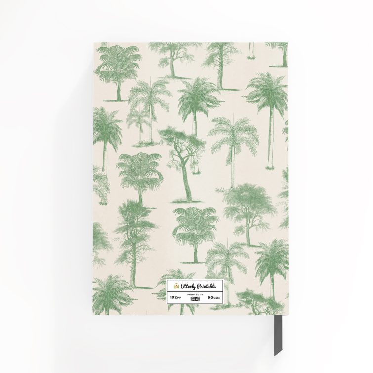 Botanical themed personalised notebooks design with green tree illustrations, featuring no photos.