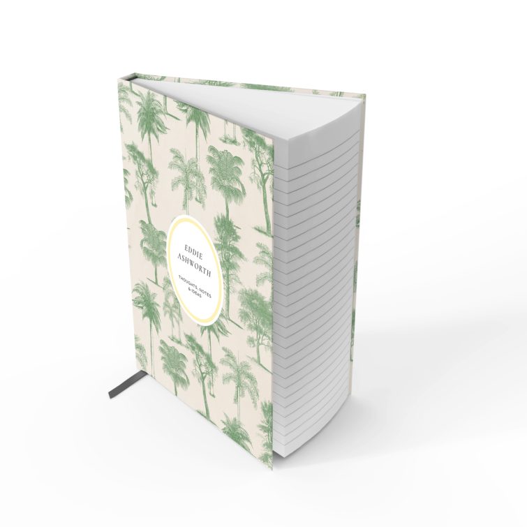 Botanical themed personalised notebooks design with green tree illustrations, featuring no photos.