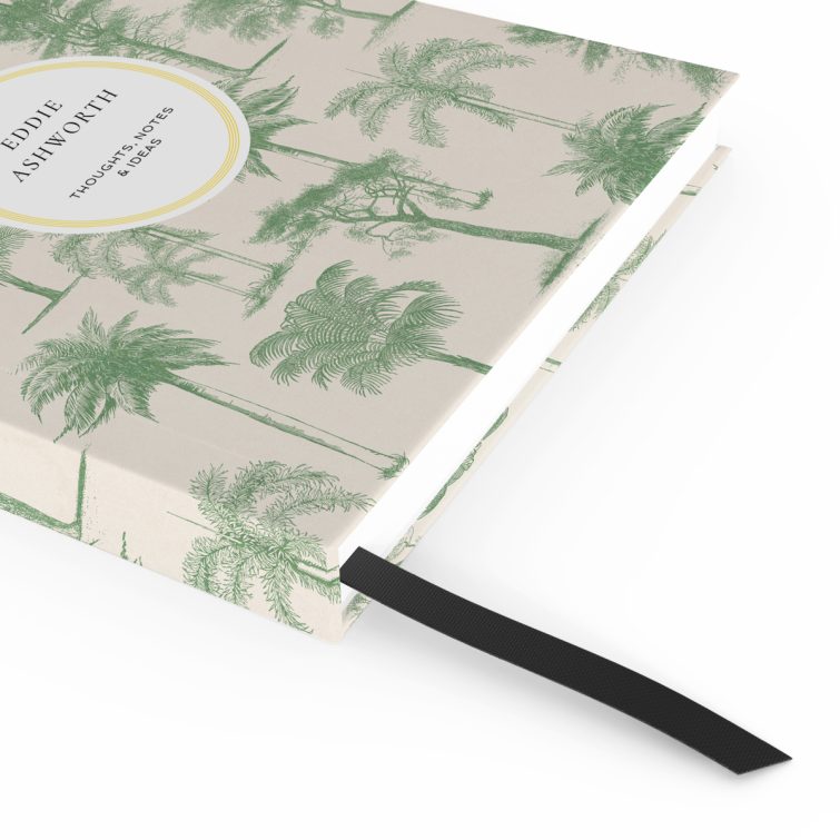 Botanical themed personalised notebooks design with green tree illustrations, featuring no photos.