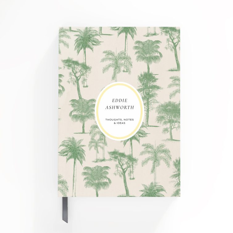 Botanical themed personalised notebooks design with green tree illustrations, featuring no photos.