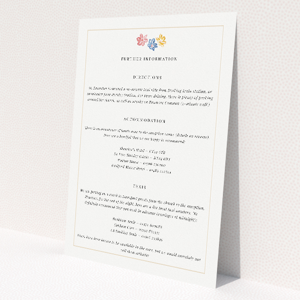 Paris Floral information insert card - classic elegance with delicate hand-drawn florals in soft pastel hues wedding stationery. This is a view of the front