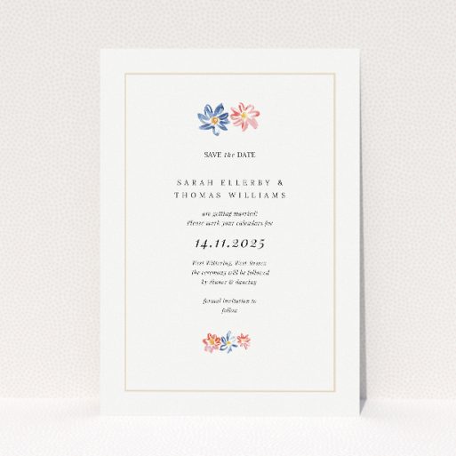 Paris Floral Save the Date card A6 featuring delicate floral arrangement in blues, reds, and yellows, evoking the charm of a Parisian garden. This is a view of the front