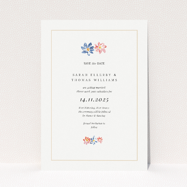 Paris Floral Save the Date card A6 featuring delicate floral arrangement in blues, reds, and yellows, evoking the charm of a Parisian garden. This is a view of the front