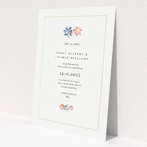 Paris Floral Save the Date card A6 featuring delicate floral arrangement in blues, reds, and yellows, evoking the charm of a Parisian garden. This is a view of the back