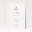 "Paris Floral wedding invitation featuring hand-drawn bouquet of pastel flowers on warm creamy background, evoking romanticism and joie de vivre for a stylish and heartfelt celebration of love.". This is a view of the front
