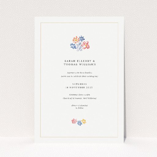 "Paris Floral wedding invitation featuring hand-drawn bouquet of pastel flowers on warm creamy background, evoking romanticism and joie de vivre for a stylish and heartfelt celebration of love.". This is a view of the front
