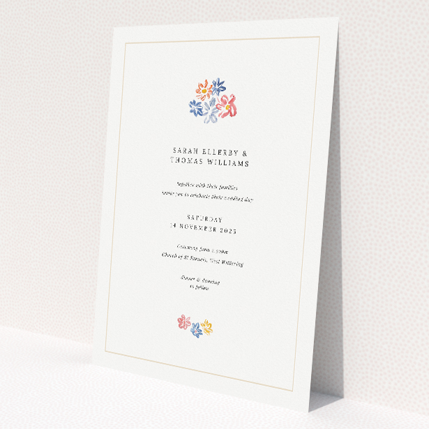 'Paris Floral wedding invitation featuring hand-drawn bouquet of pastel flowers on warm creamy background, evoking romanticism and joie de vivre for a stylish and heartfelt celebration of love.'. This is a view of the front
