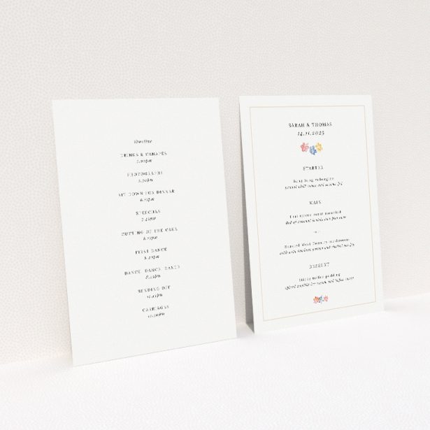 Charming Paris Floral Wedding Menu Template with Delicate Hand-drawn Bouquets. This image shows the front and back sides together